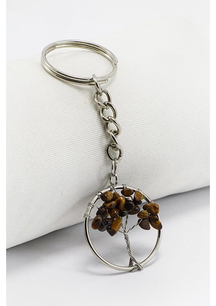 Gümüş Renk Halkalı Kaplan Gözü Doğal Taşlı Hayat Ağacı Anahtarlık, Hediyelik Şık Çanta Süsü