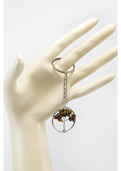 Gümüş Renk Halkalı Kaplan Gözü Doğal Taşlı Hayat Ağacı Anahtarlık, Hediyelik Şık Çanta Süsü modelleri