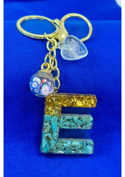Epoksi Firuze Taşlı E Harfi Anahtarlık, Hediyelik Çanta Süsü