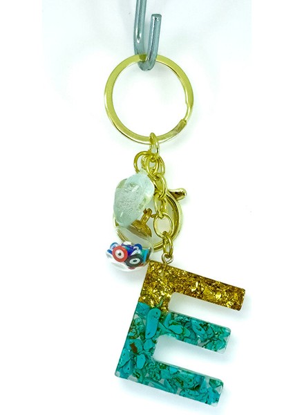 Epoksi Firuze Taşlı E Harfi Anahtarlık, Hediyelik Çanta Süsü fiyatları