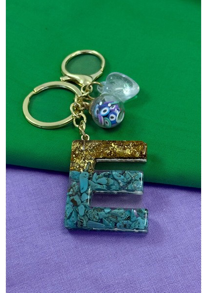 Epoksi Firuze Taşlı E Harfi Anahtarlık, Hediyelik Çanta Süsü fırsatları