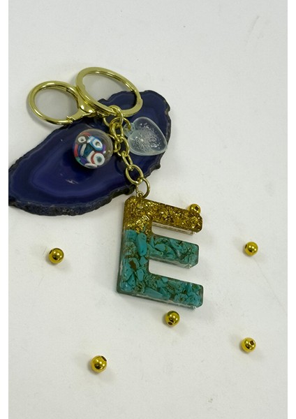 Epoksi Firuze Taşlı E Harfi Anahtarlık, Hediyelik Çanta Süsü indirimleri