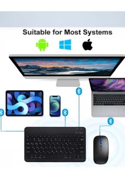 Ipad Samsung Huawei Tablet Laptop Pc Uyumlu Renkli Bluetooth Bağlantılı Klavye+Mouse Set modelleri