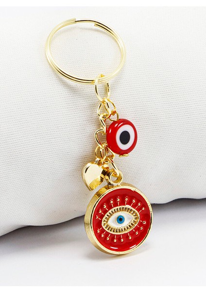 El Yapımı Kırmızı Cam Nazar Boncuklu Salkım Kırmızı Göz Figürlü Anahtarlık
