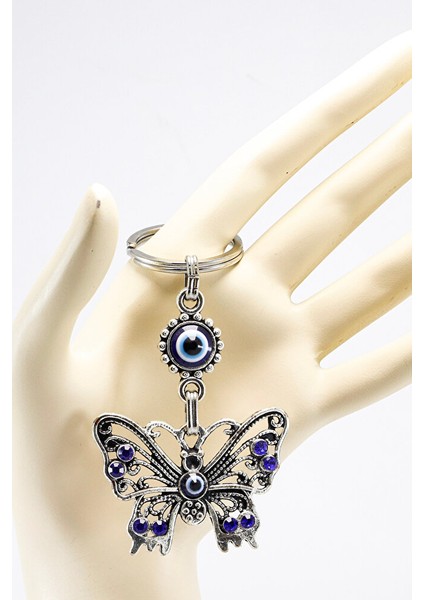 Lacivert Parlak Taşlı Metal Kelebekli Anahtarlık, Kelebekli Hediye fiyatları
