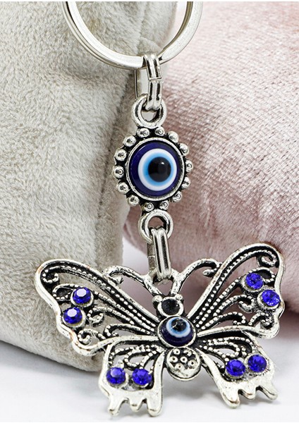 Lacivert Parlak Taşlı Metal Kelebekli Anahtarlık, Kelebekli Hediye fırsatları