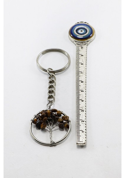 Gümüş Renk Halkalı Kaplan Gözü Doğal Taşlı Hayat Ağacı Anahtarlık, Hediyelik Şık Çanta Süsü fırsatları