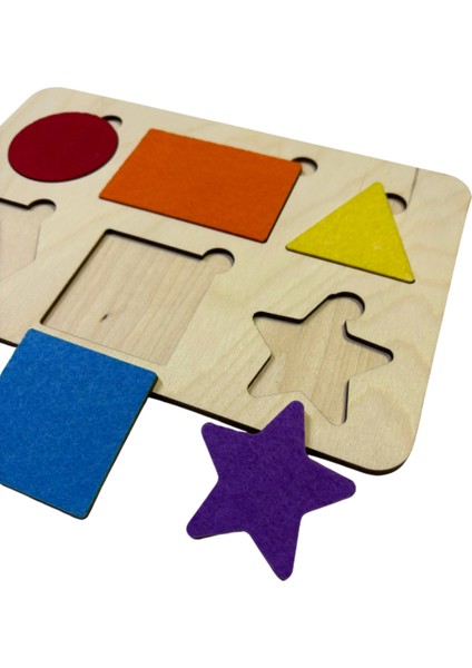 Renkli Keçe Kaplı Ahşap Şekiller Puzzle, Eğitici Bulmaca, Öğrenme ve Oyun Keyfi