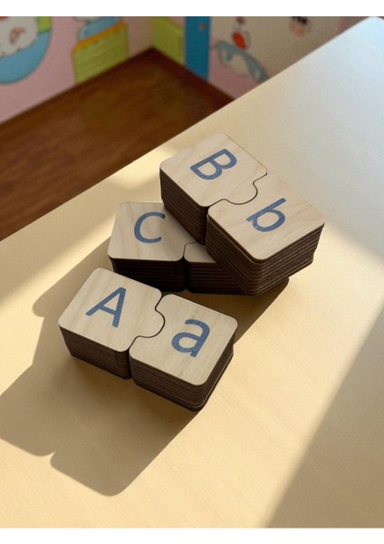 Mavi Ahşap Alfabe Puzzle, Montessori Büyük Küçük Harfler, Eğitici Oyun