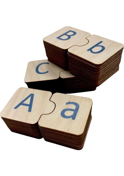 Mavi Ahşap Alfabe Puzzle, Montessori Büyük Küçük Harfler, Eğitici Oyun