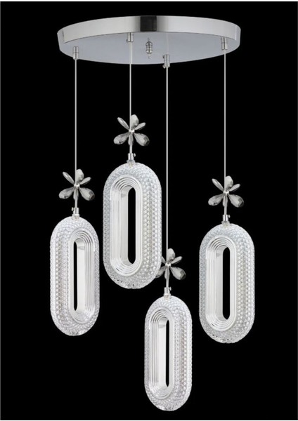 4'li Krom Kaplama Sarkıt LED Salon Avize 3 Renk Ledli