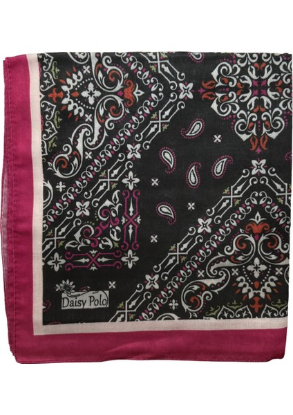 Kadın Siyah Fuşya Kenarlı Geometrik Desenli Soft Saten Kare Eşarp fiyatları