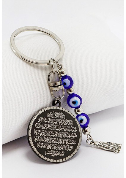 El Yapımı Cam Nazar Boncuklu Siyah Çelik Çift Taraflı Ayetel Kürsi Felak Nas Ihlas Anahtarlık