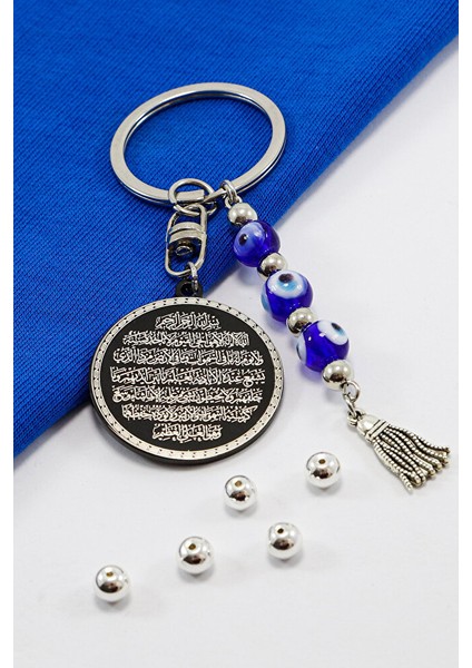 El Yapımı Cam Nazar Boncuklu Siyah Çelik Çift Taraflı Ayetel Kürsi Felak Nas Ihlas Anahtarlık fiyatları