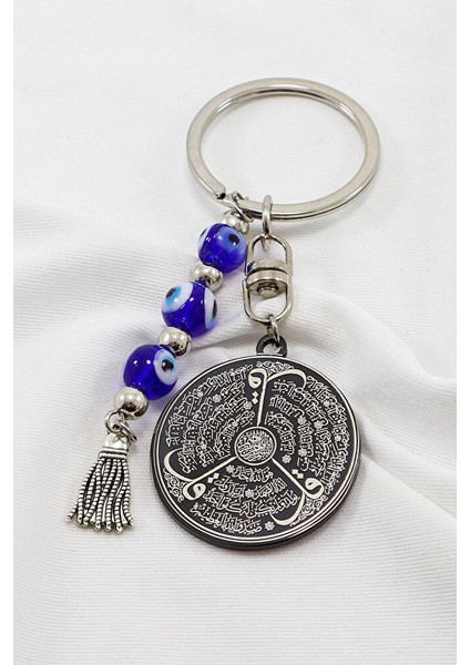 El Yapımı Cam Nazar Boncuklu Siyah Çelik Çift Taraflı Ayetel Kürsi Felak Nas Ihlas Anahtarlık fırsatları