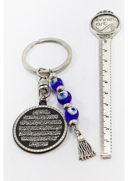 El Yapımı Cam Nazar Boncuklu Siyah Çelik Çift Taraflı Ayetel Kürsi Felak Nas Ihlas Anahtarlık indirimleri