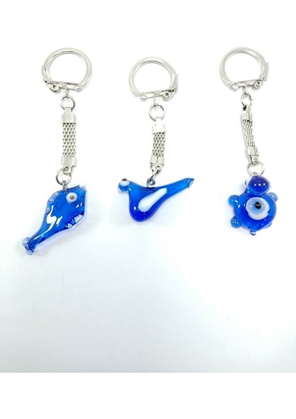 Cam Nazar Boncuğu Anahtarlık Üçlü Set El Yapımı Kuş + Balık + Kaplumbağa Üçlü Hediyelik Aksesuar