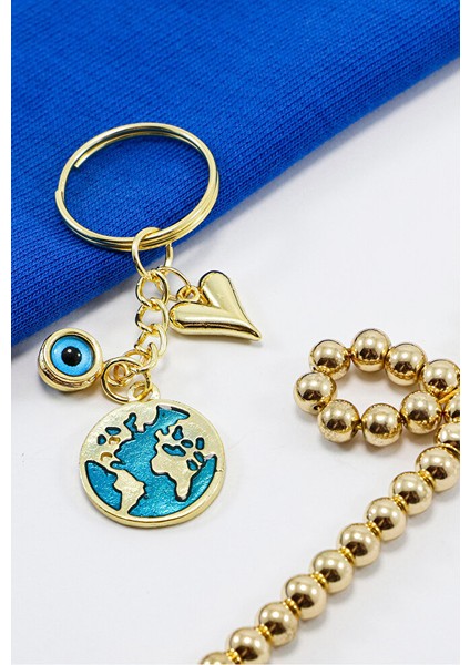 Bombeli Kalp Nazar Boncuklu Mineli Dünya Anahtarlık, Hediyelik Anahtarlık