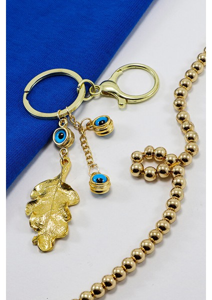 Çerçeveli Nazarlı Bohem Yaprak Anahtarlık, Gold Renkli Hediyelik Anahtarlık