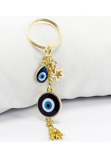 El Yapımı Lacivert Damla Figürlü Salkım Anahtarlık, Hediyelik Nazarlı Anahtarlık
