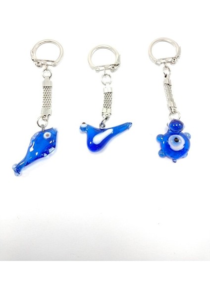 Cam Nazar Boncuğu Anahtarlık Üçlü Set El Yapımı Kuş + Balık + Kaplumbağa Üçlü Hediyelik Aksesuar fırsatları