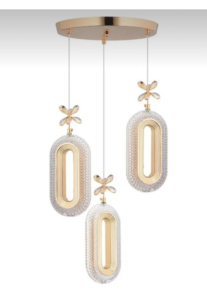 3'li Gold Kaplama Sarkıt LED Salon Avize 3 Renk Ledli