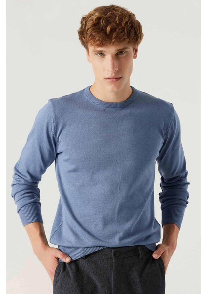 Ds Damat Regular Fit Koyu Mavi Tüylenme Yapmayan Bisiklet Yaka Pamuklu Triko Kazak