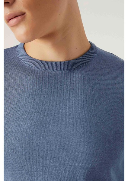 Ds Damat Regular Fit Koyu Mavi Tüylenme Yapmayan Bisiklet Yaka Pamuklu Triko Kazak