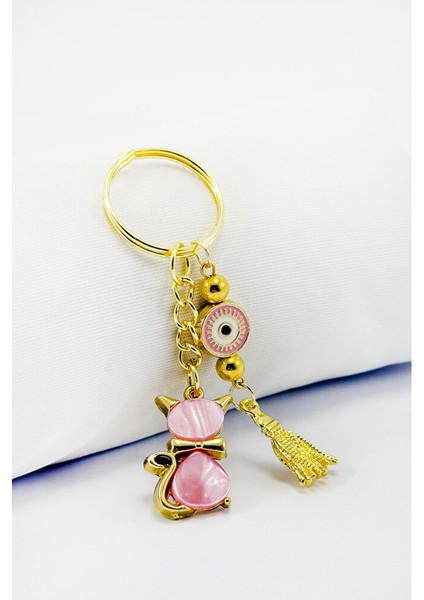 Pembe Renkli Sedefli Sevimli Kedi Figürlü Salkım Anahtarlık, Hediyelik Anahtarlık