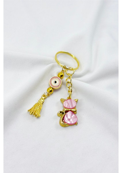 Pembe Renkli Sedefli Sevimli Kedi Figürlü Salkım Anahtarlık, Hediyelik Anahtarlık fiyatları