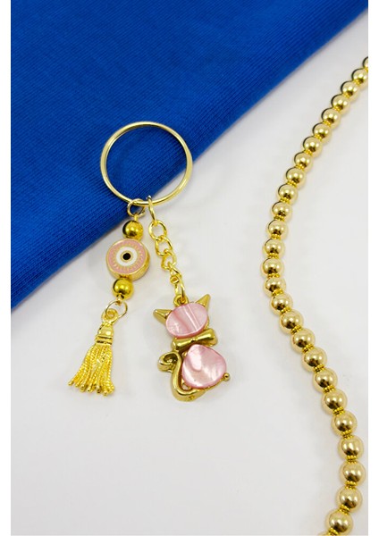 Pembe Renkli Sedefli Sevimli Kedi Figürlü Salkım Anahtarlık, Hediyelik Anahtarlık modelleri