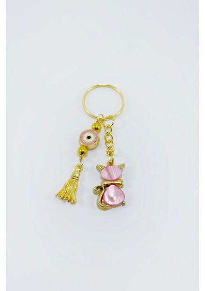 Pembe Renkli Sedefli Sevimli Kedi Figürlü Salkım Anahtarlık, Hediyelik Anahtarlık indirimleri