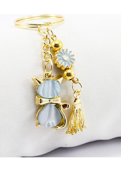 El Yapımı Papatyalı Salkım Mavi Sedefli Sevimli Kedicik Anahtarlık, Hediyelik Anahtarlık