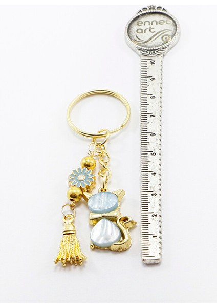 El Yapımı Papatyalı Salkım Mavi Sedefli Sevimli Kedicik Anahtarlık, Hediyelik Anahtarlık fiyatları