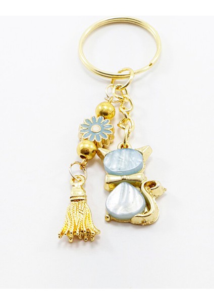 El Yapımı Papatyalı Salkım Mavi Sedefli Sevimli Kedicik Anahtarlık, Hediyelik Anahtarlık modelleri