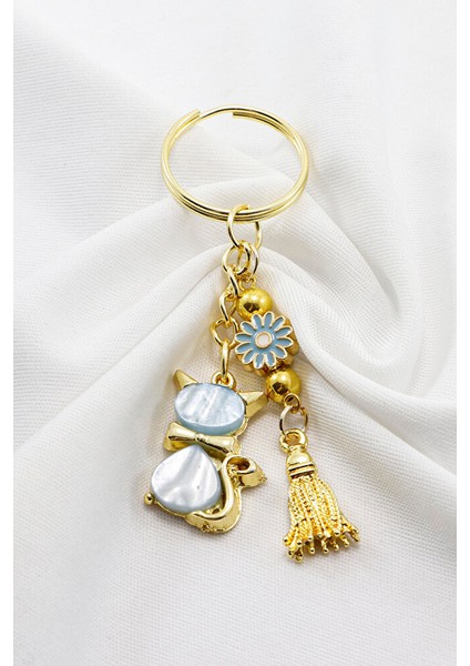 El Yapımı Papatyalı Salkım Mavi Sedefli Sevimli Kedicik Anahtarlık, Hediyelik Anahtarlık fırsatları