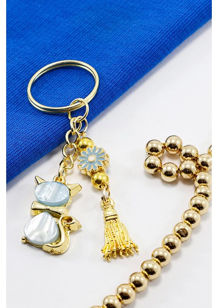 El Yapımı Papatyalı Salkım Mavi Sedefli Sevimli Kedicik Anahtarlık, Hediyelik Anahtarlık indirimleri