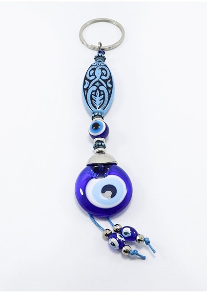 Desenli Elips Şekilli El Yapımı Cam Nazar Boncuklu Anahtarlık, Hediyelik Anahtarlık