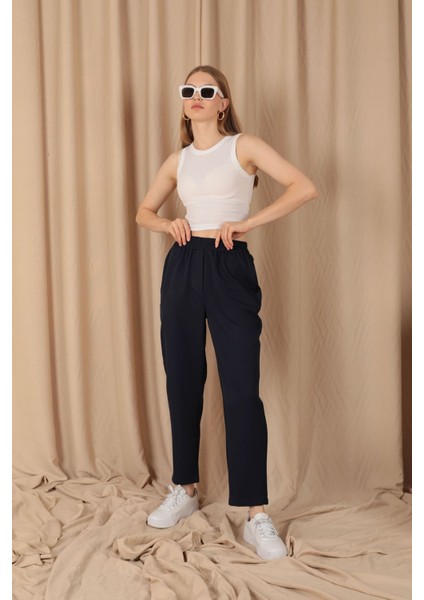 Beli Lastikli Düz Kadın Lacivert Pantolon