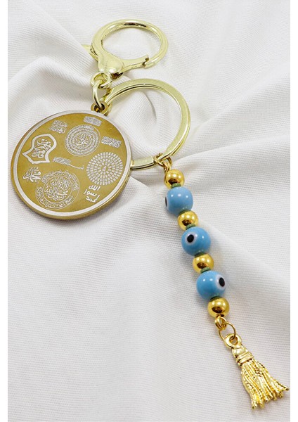 Mavi Cam Nazar Boncuklu Ayetel Kürsi Hilye-I Şerif Komple Paslanmaz Çelik Anahtarlık modelleri