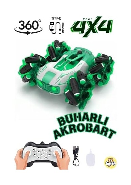 4x4 Buhar Atan Şarjlı Full Fonksiyon Uzaktan Kumandalı Akrobat Araba Duman Atar Dahili Typc-E Şarj (Yeşil) fiyatları