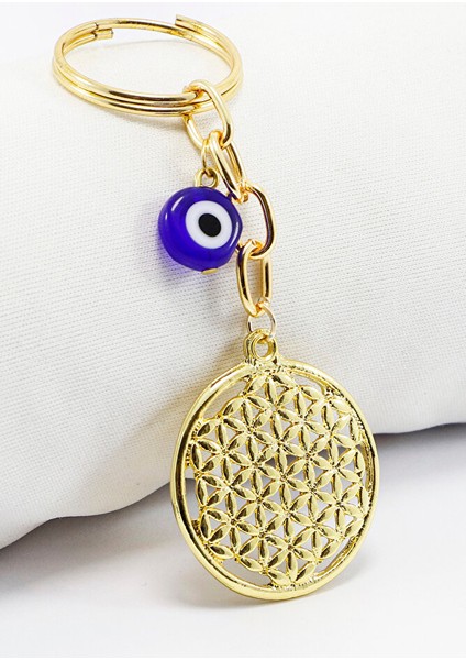 Gold Renkli Yassı Nazar Boncuklu Yaşam Çiçeği Anahtarlık, Hediyelik Anahtarlık