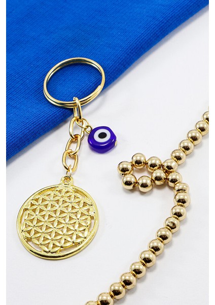 Gold Renkli Yassı Nazar Boncuklu Yaşam Çiçeği Anahtarlık, Hediyelik Anahtarlık fiyatları