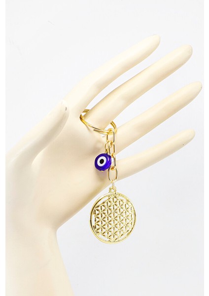 Gold Renkli Yassı Nazar Boncuklu Yaşam Çiçeği Anahtarlık, Hediyelik Anahtarlık modelleri