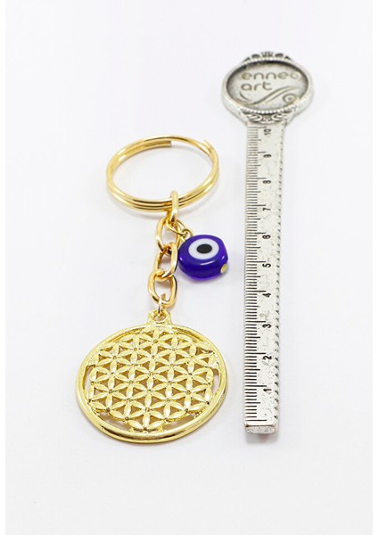 Gold Renkli Yassı Nazar Boncuklu Yaşam Çiçeği Anahtarlık, Hediyelik Anahtarlık fırsatları