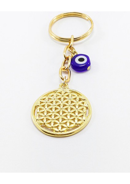 Gold Renkli Yassı Nazar Boncuklu Yaşam Çiçeği Anahtarlık, Hediyelik Anahtarlık indirimleri