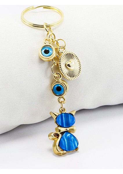 Çerçeveli Nazar Boncuklu Salkım Lacivert Sedefli Kedicik Anahtarlık, Hediyelik Anahtarlık