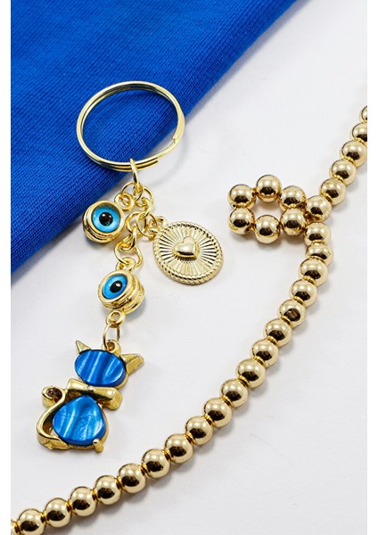 Çerçeveli Nazar Boncuklu Salkım Lacivert Sedefli Kedicik Anahtarlık, Hediyelik Anahtarlık fiyatları