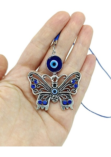 Mavi Taşlı Metal Kelebek Cam Nazar Boncuklu Dikiz Ayna Süsü, Metalik Gümüş Renk Yeni Araba Hediyesi