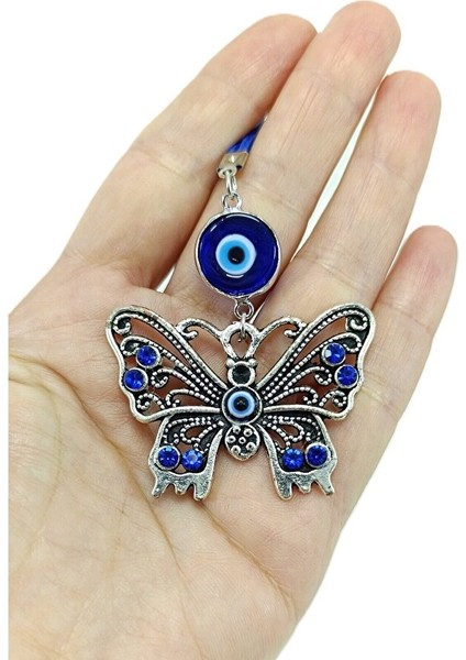 Mavi Taşlı Metal Kelebek Cam Nazar Boncuklu Dikiz Ayna Süsü, Metalik Gümüş Renk Yeni Araba Hediyesi fırsatları